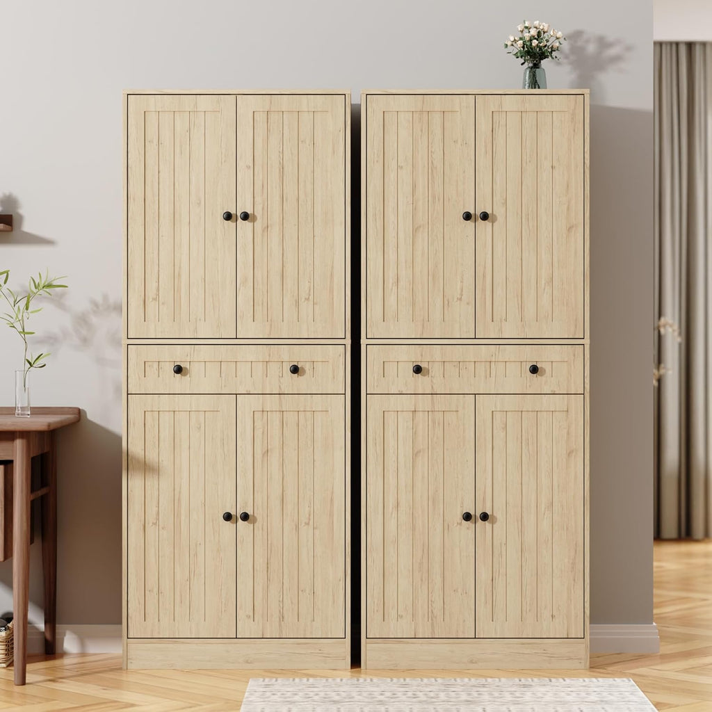 Furnify Kitchen Pantry Storage Cabinet, 71" H Farmhouse Pantry Cabinet with 4 Doors & Drawer, Freestanding Cupboard with Adjustable Shelves, Rustic Wood Cupboard for Kitchen, Dining Room, Natural