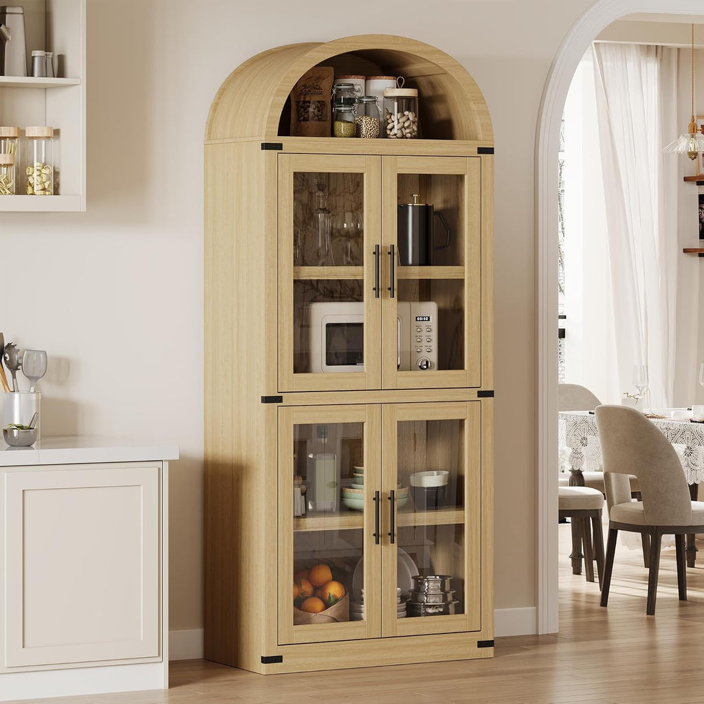 GAOMON 72" Tall Arched Kitchen Pantry Cabinet, Modern Farmhouse Arched Storage Cabinet with Glass Doors, Versatile Cupboard for Kitchen, Dining Room, Living Room, Office and Bathroom, Natural