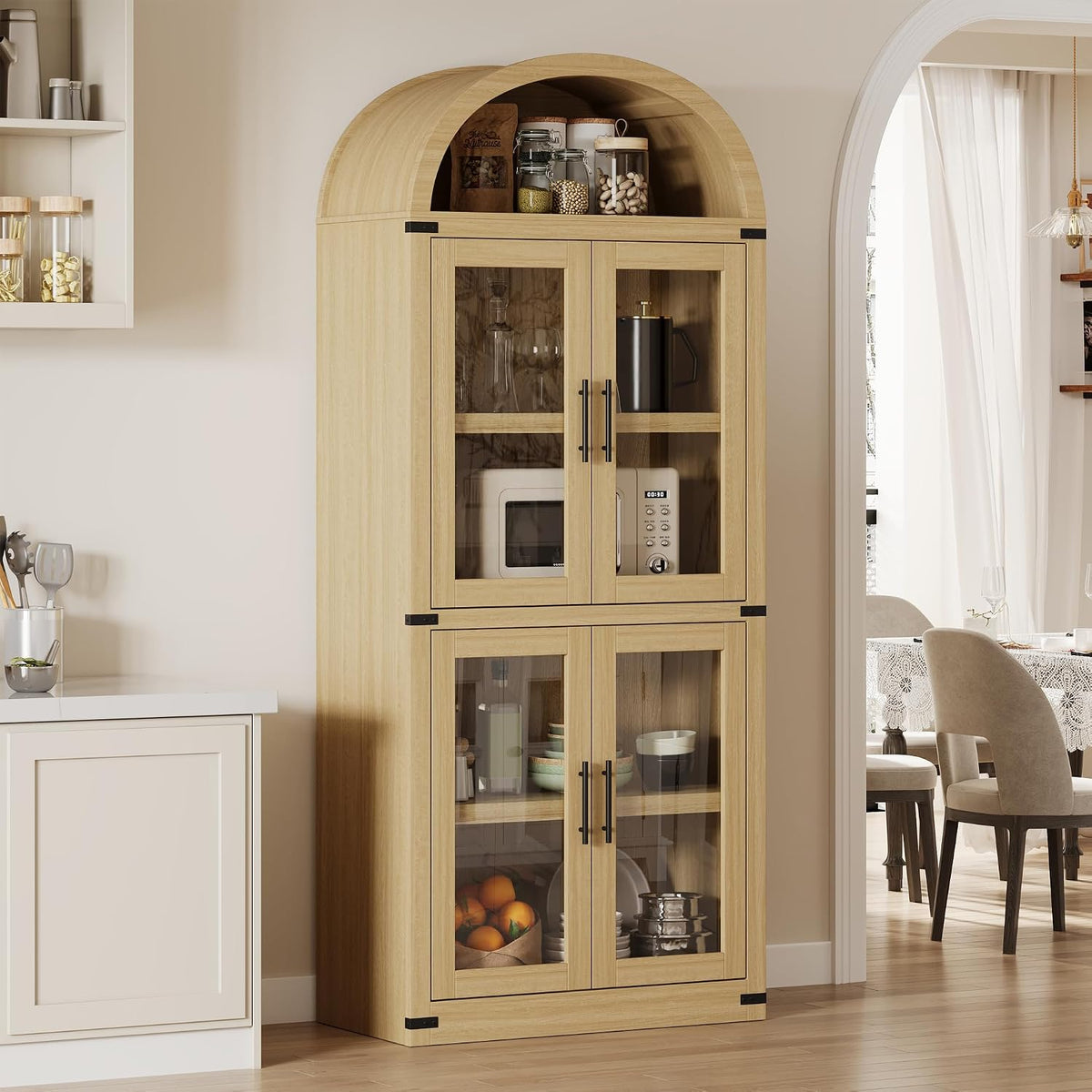 GAOMON 72" Tall Arched Kitchen Pantry Cabinet, Modern Farmhouse Arched Storage Cabinet with Glass Doors, Versatile Cupboard for Kitchen, Dining Room, Living Room, Office and Bathroom, Natural