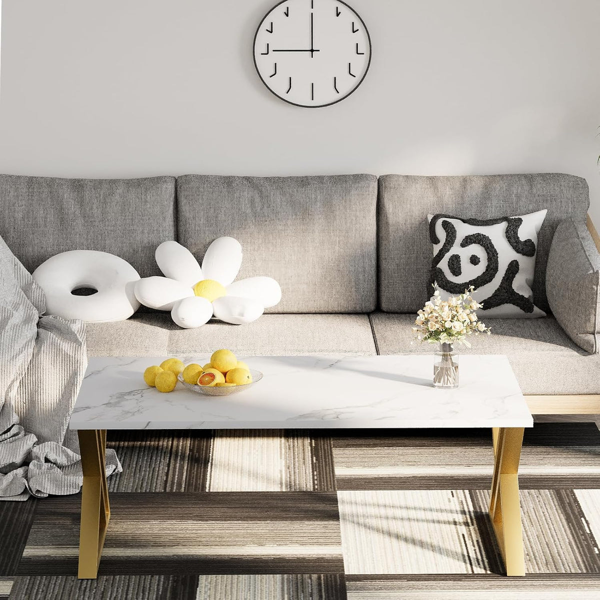 Wolawu Coffee Table Living Room Table White Center Table, Modern Faux Marble Rectangular Tea Tables with Sturdy Gold Metal Frame,Industrial Wooden Coffee Table for Bedroom Home Office
