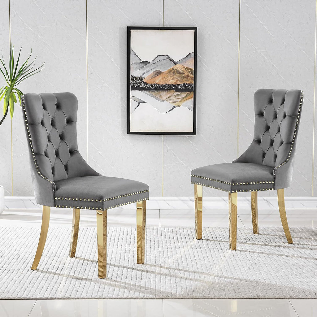 Grey Velvet Dining Chairs Set of 4, Mid Century Modern Kitchen & Dining Room Chairs, Fabric Tufted Dinning Chairs, Velvet Upholstered, Wing Back, Pull Ring, Stainless Steel Legs, Gold