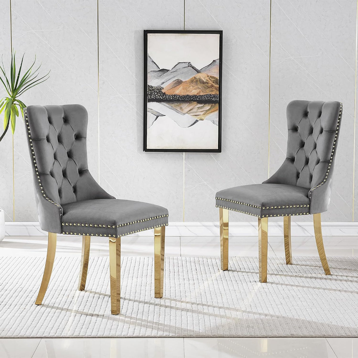 Grey Velvet Dining Chairs Set of 4, Mid Century Modern Kitchen & Dining Room Chairs, Fabric Tufted Dinning Chairs, Velvet Upholstered, Wing Back, Pull Ring, Stainless Steel Legs, Gold