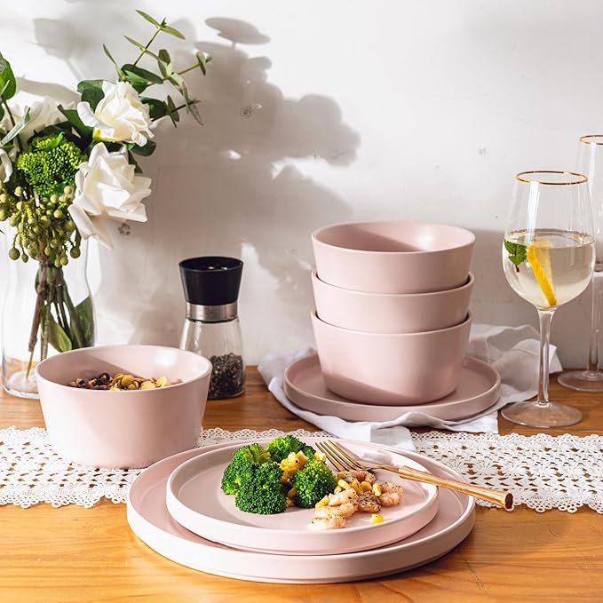 AmorArc Ceramic Dinnerware Sets for 4, Modern Flat Stoneware Plates and Bowls Sets,Chip and Crack Resistant | Dishwasher & Microwave Safe Dishes Set,Scratch Resistant- Service for 4 (12pc)-Matte Pink