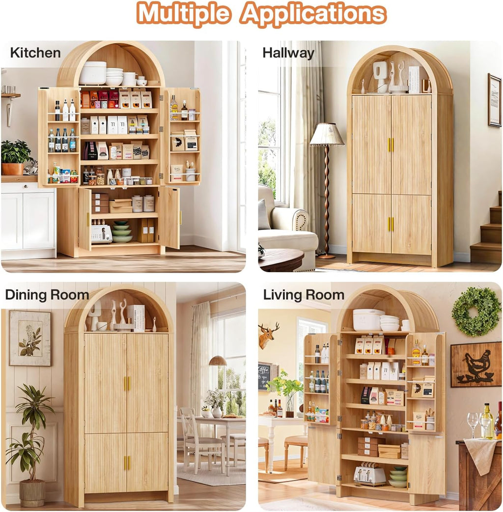 PRETZI Fluted Arched Cabinet with Doors, 71" Tall Kitchen Pantry Storage Cabinet with Adjustable Shelves and 6 Door Shelves, Freestanding Morden Organizer for Kitchen, Living Room, Natural Wood