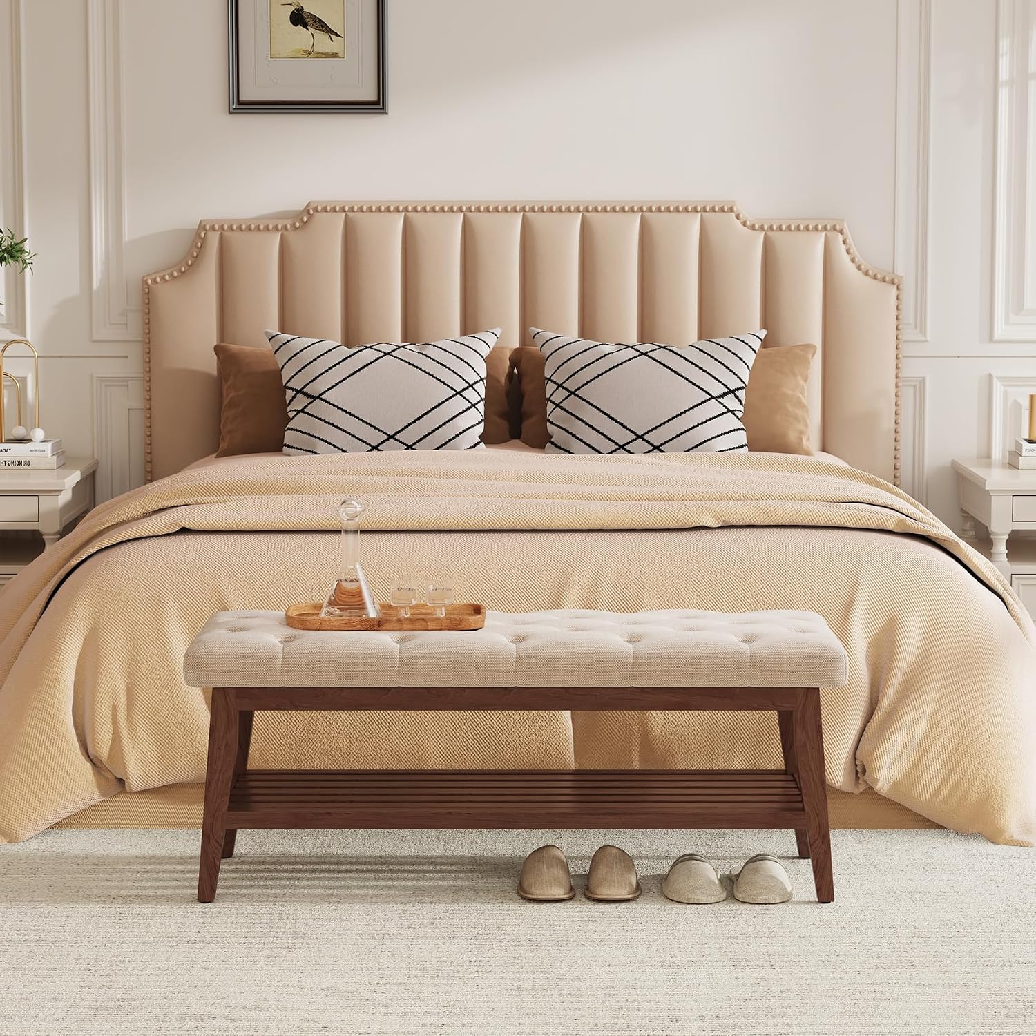 LEILISI Entryway Bench with Storage, Linen Upholstered Bench(Beige, 39.4'')
