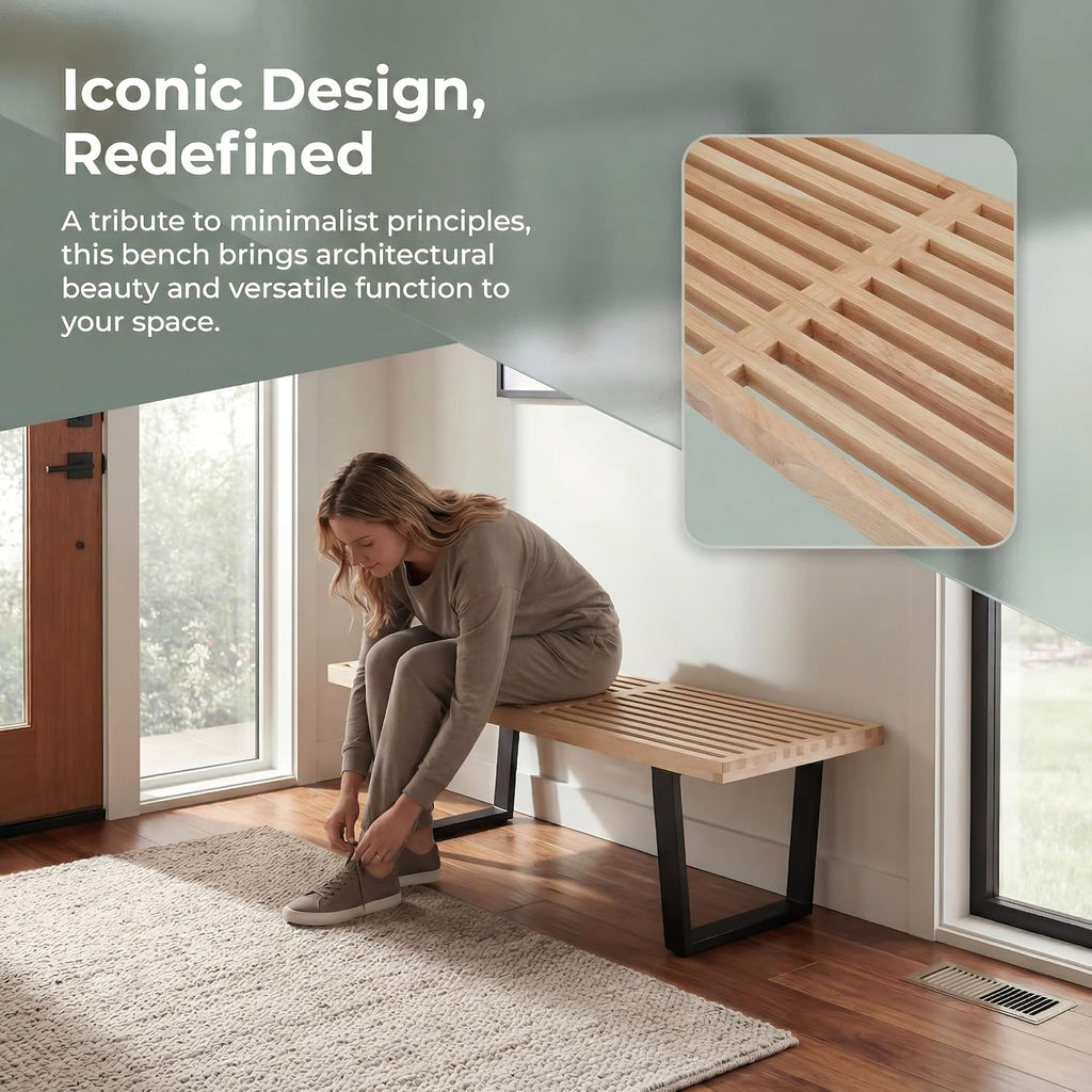 HNY Modern Entryway Bench Wood Dining Bench Minimalist Nelson Bench with Metal Legs for Bedroom Dining Room Hallway Foyer Living Room, Natural Finish