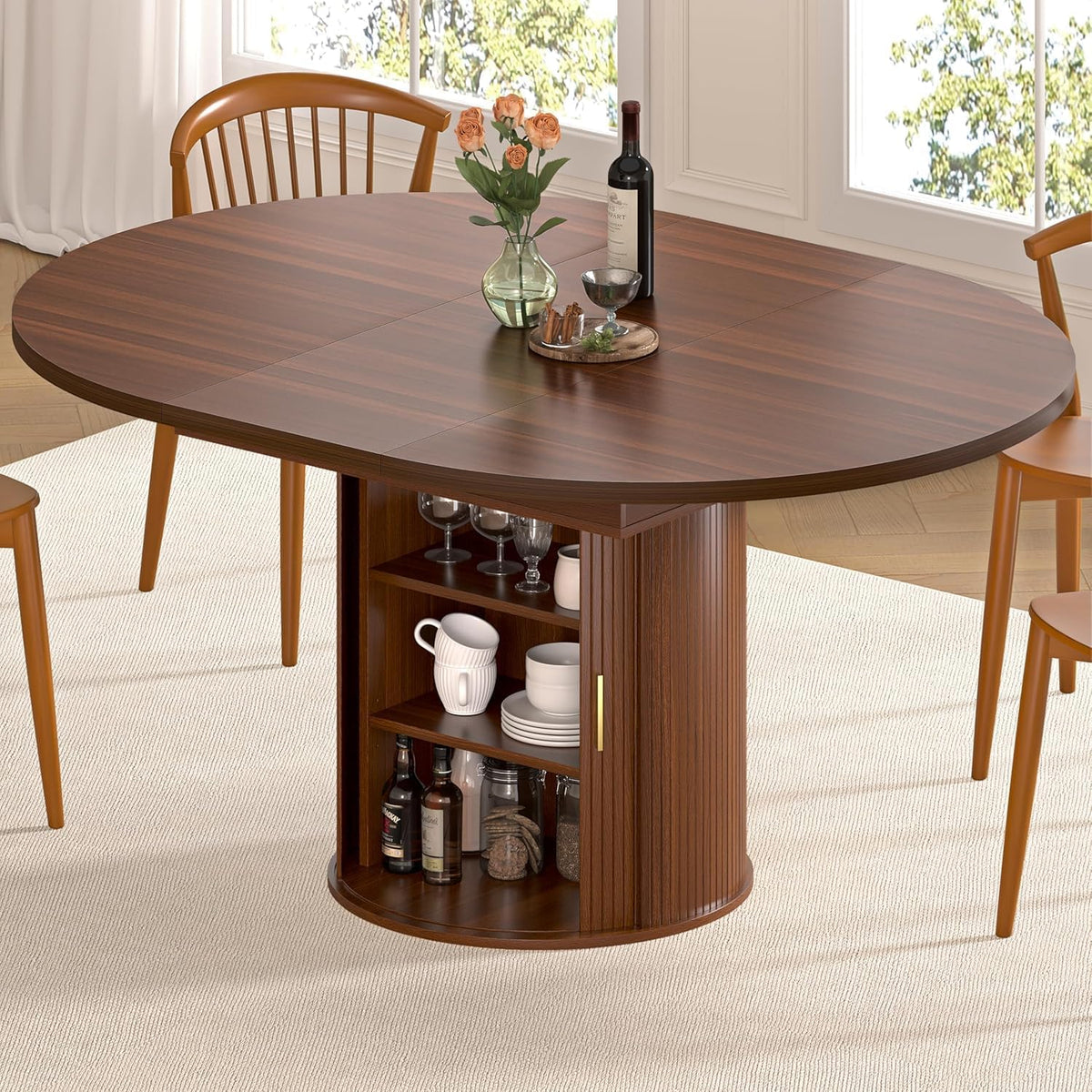 DHH 47"-63" Extendable Round Dining Table for 4–8 with Storage, Mid Century Modern Farmhouse Wood Oval Dinner Table with Pedestal Base for Kitchen, Living Room (Walnut)