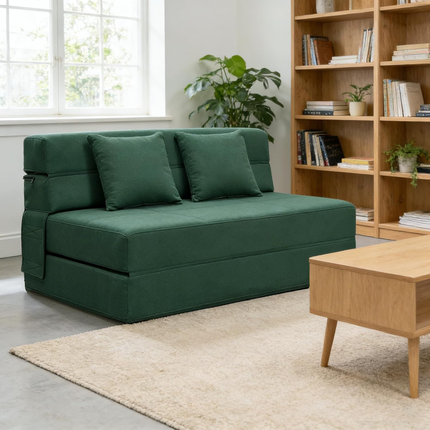 Folding Sofa Bed, Fold Out Couch Memory Foam Sleeper Chair with 2 Pillows | Queen Size Futon Couch Guest Convertible Chair Bed, Comfy Floor Sofa Lounge Washable Cover, Dark Green