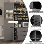 Merax Kitchen Pantry Storage Cabinet, Freestanding Buffet Cabinet with Microwave Stand & 2 Power Outlets,Kitchen Hutch with Door Shelves, Adjustable Shelves,Drawers and Wine Rack, Grey