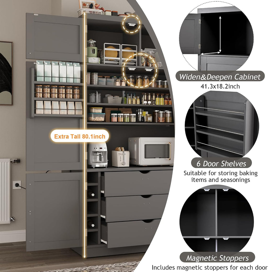 Polibi 80.1" Tall Freestanding Kitchen Pantry Cabinet, Large 41.3" Wide Shaker Style Storage Cupboard with 2 Power Outlets, Adjustable Shelves, 3 Drawers, Wine Rack & Countertop, Grey