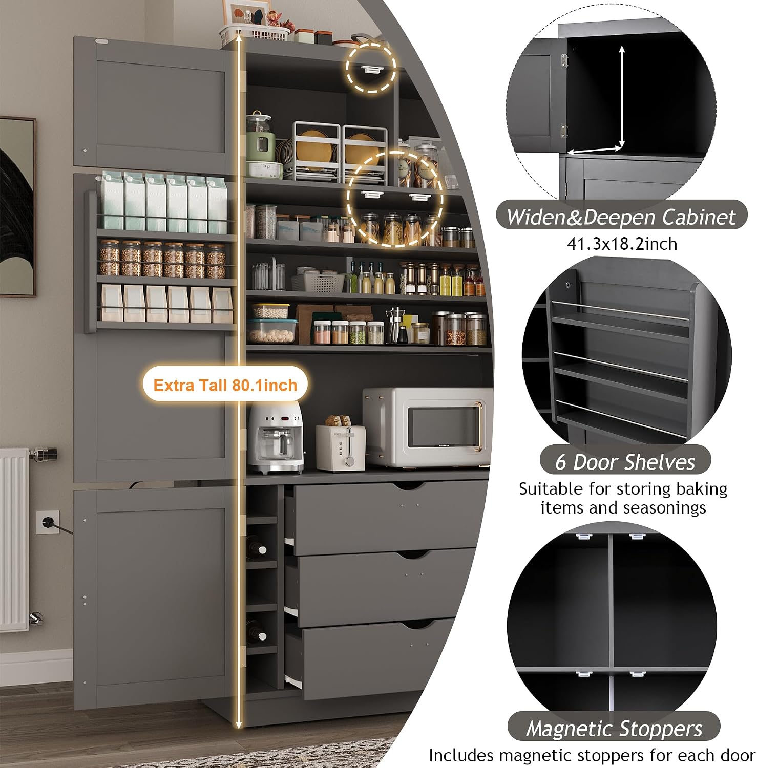 Polibi 80.1" Tall Freestanding Kitchen Pantry Cabinet, Large 41.3" Wide Shaker Style Storage Cupboard with 2 Power Outlets, Adjustable Shelves, 3 Drawers, Wine Rack & Countertop, Grey
