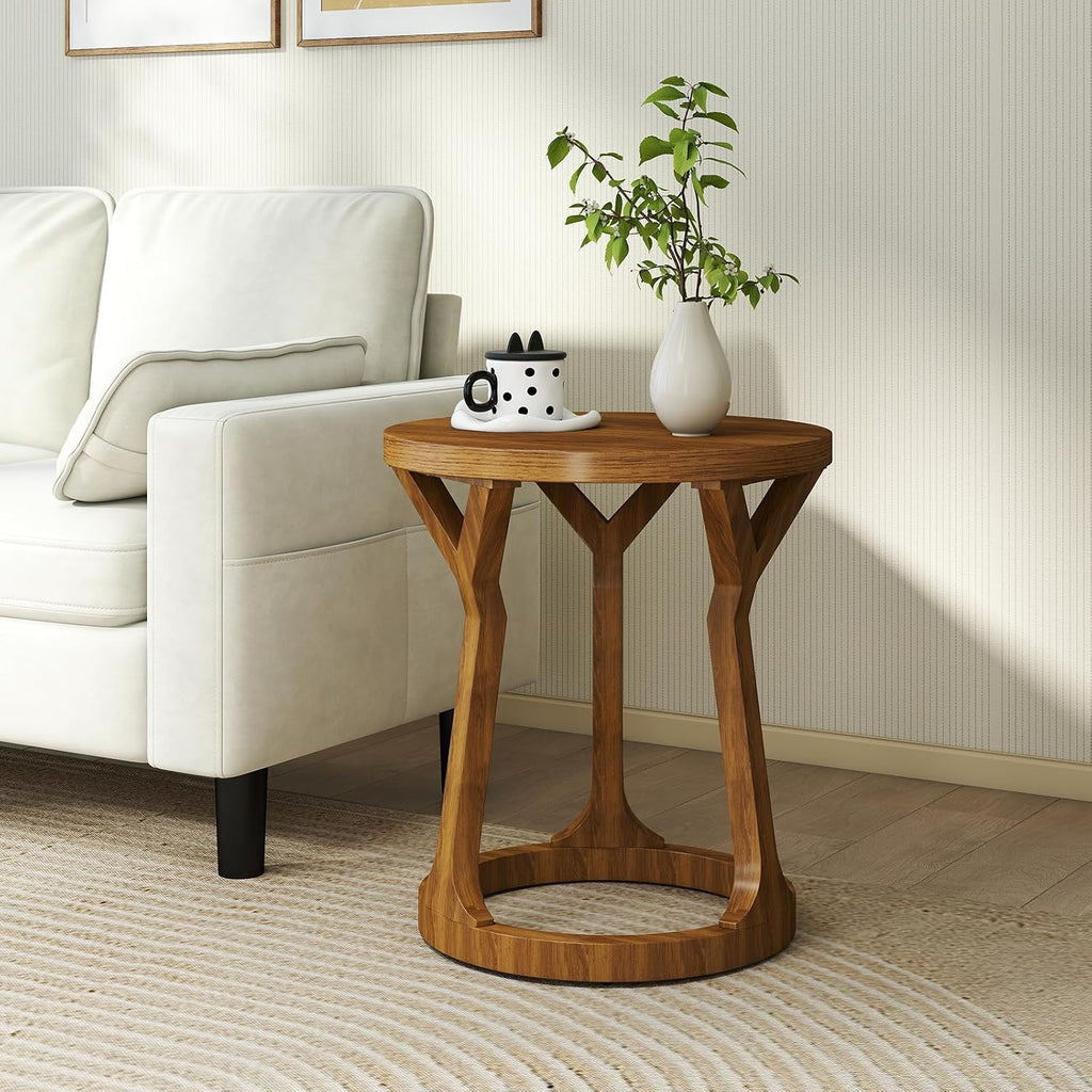 Round Side Table, Farmhouse End Table for Small Spaces, Accent Table for Living Room, Bedroom, Home Office (Brown, 1-Pack)