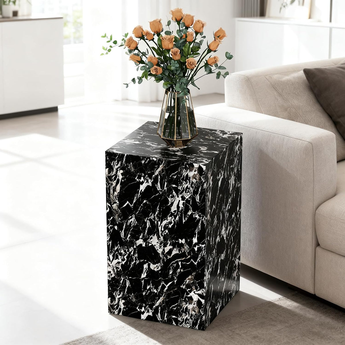 Modern Marble Side Table, 20" Small Square End Table for Living Room, Bedroom, Exhibition Hall, Suitable for Displaying Vases, Statues, Table Lamps, etc. (MAXCAP: 90 Lbs) Napoleon Black
