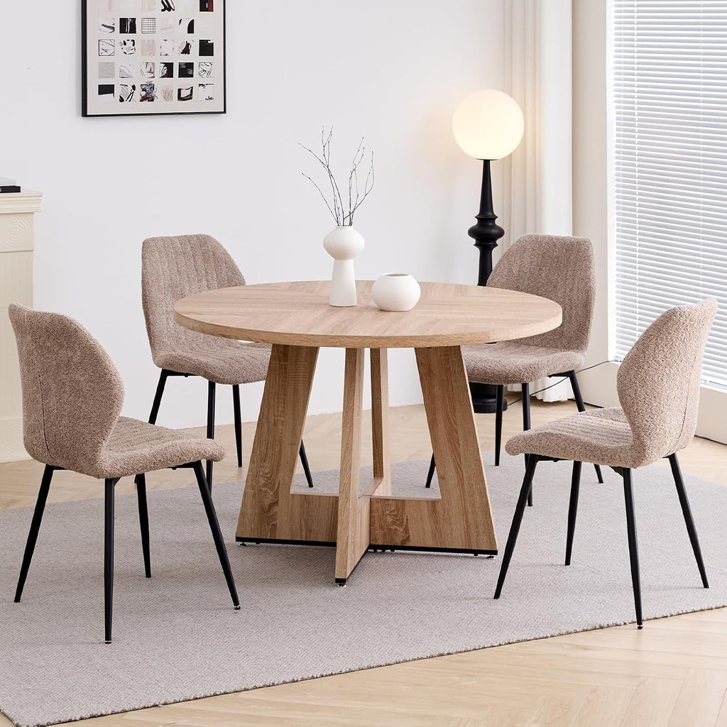 Round Dining Table Set for 4, Kitchen Table and Chairs | Wooden Cross Base, Boucle Fabric Chair, for Apartment