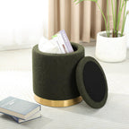 Joveco Boucle Round Ottoman with Storage,Vanity Stool with Storage for Bedroom, Ottoman Coffee Table,Small Boucle Foot Stool for Living Room, Dark Moss Green with Gold Plating