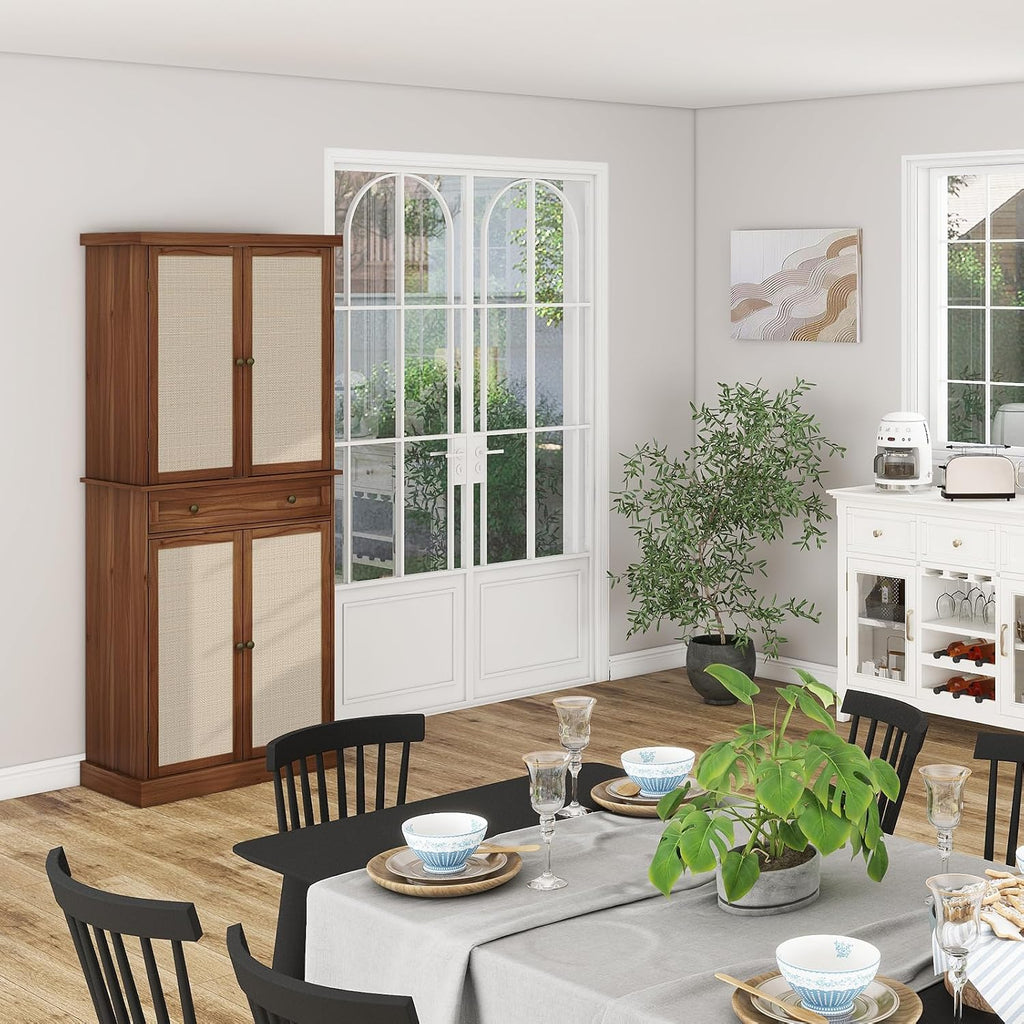 72" Kitchen Pantry Cabinet with Rattan Doors, Tall Pantry Storage Cabinet with 4 Adjustable Shelves & Large Central Drawer, Boho Cupboard for Kitchen, Dining Room, Living Room, Walnut
