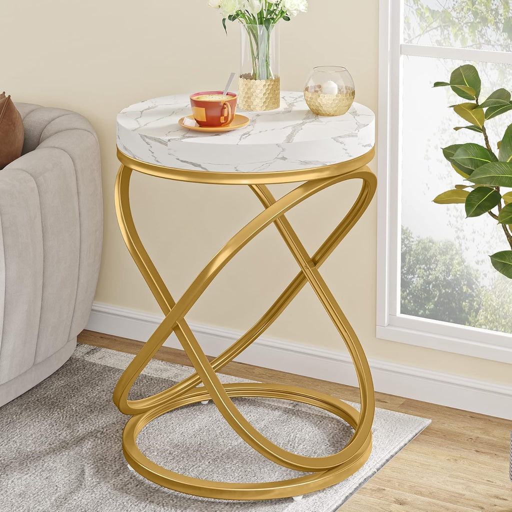 Tribesigns Round End Table with Engineered Wood Tabletop, 26 Inches Round Side Tables Living Room with Double X-Shaped Metal Ring-Cross Legs, Faux Marble Veneer Nightstands for Livingroom Bedroom (1)