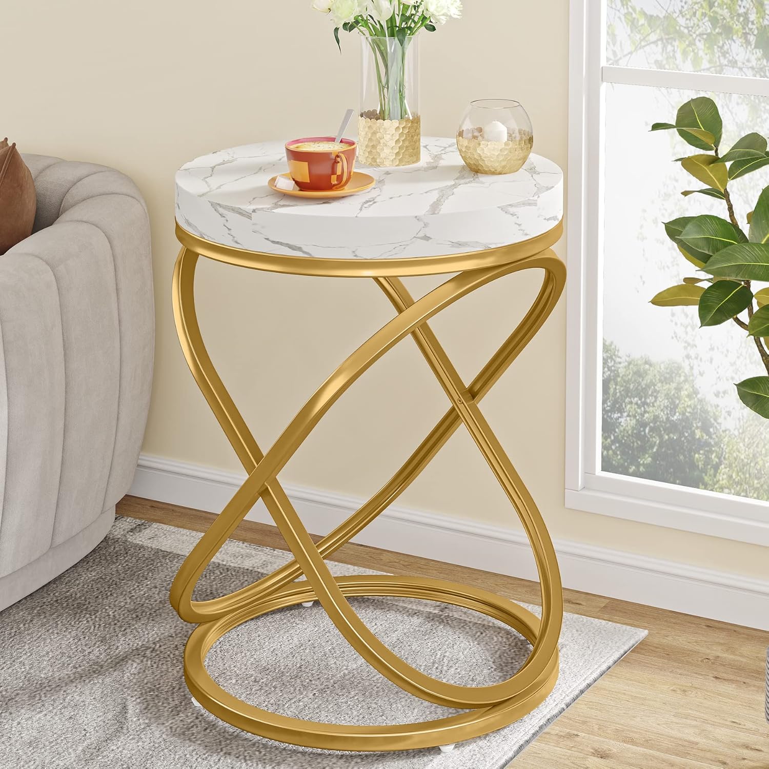 Tribesigns Round End Table with Engineered Wood Tabletop, 26 Inches Round Side Tables Living Room with Double X-Shaped Metal Ring-Cross Legs, Faux Marble Veneer Nightstands for Livingroom Bedroom (1)