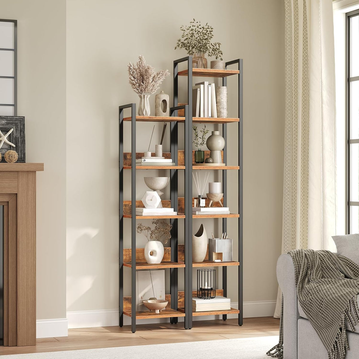 MAHANCRIS Bookshelf, 5-Tier Bookcase, Standing Book Shelf for Small Space, Storage Shelf Organizer, for Living Room, Bedroom, Study, Balcony, Rustic Brown and Black BKHR5501