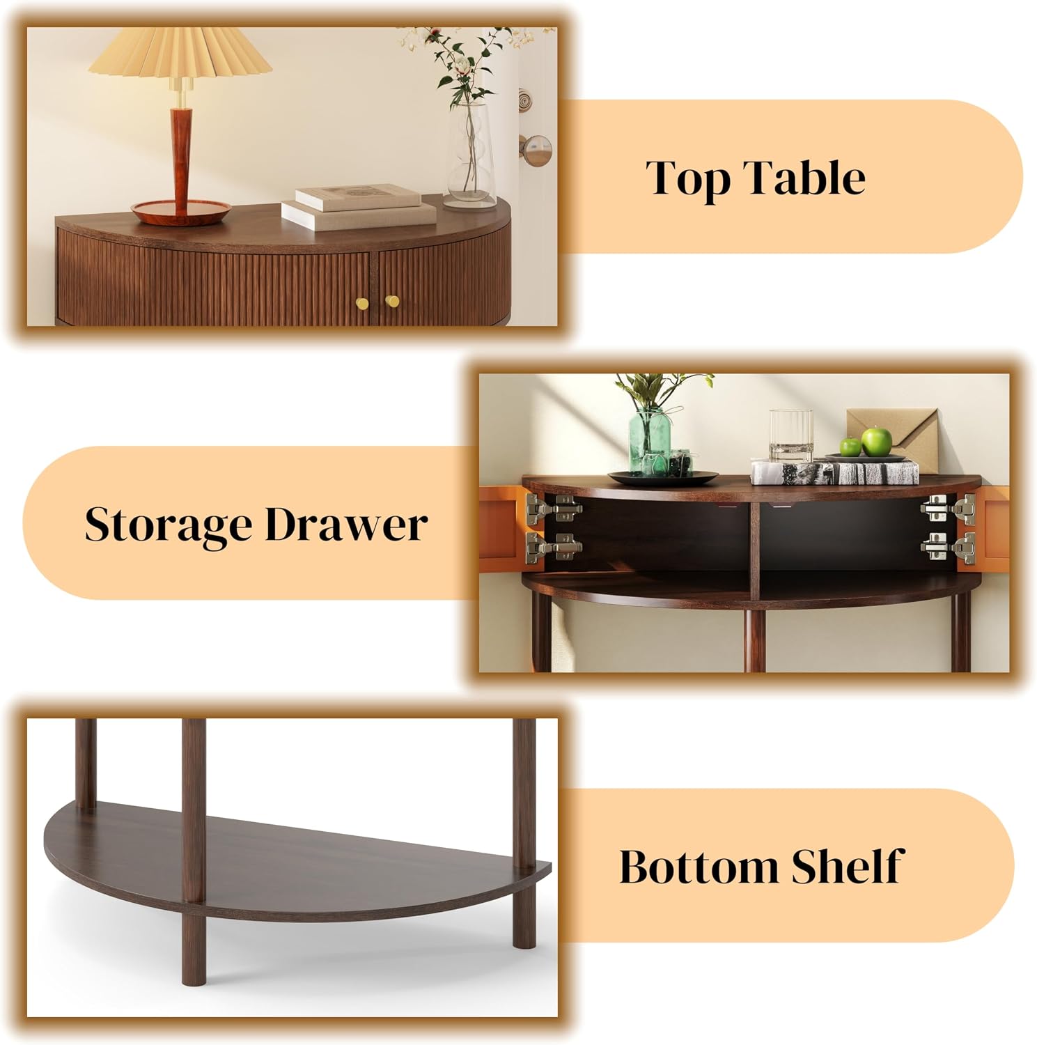 Knocbel Half Moon Console Table with Wave-Pattern Door, Semi-Circle Sofa End Table with 2 Storage Drawers and Bottom Shelf for Entryway Living Room, 31.5" W x 15.75" D x 32.3" H, Brown