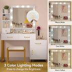 DWVO Vanity Desk with Mirror and Lights | Makeup Vanity with 3‑Mode Lighting and Power Outlet, Vanity Desk with Multiple Storage Drawers, Shelves, Cabinet and Stool