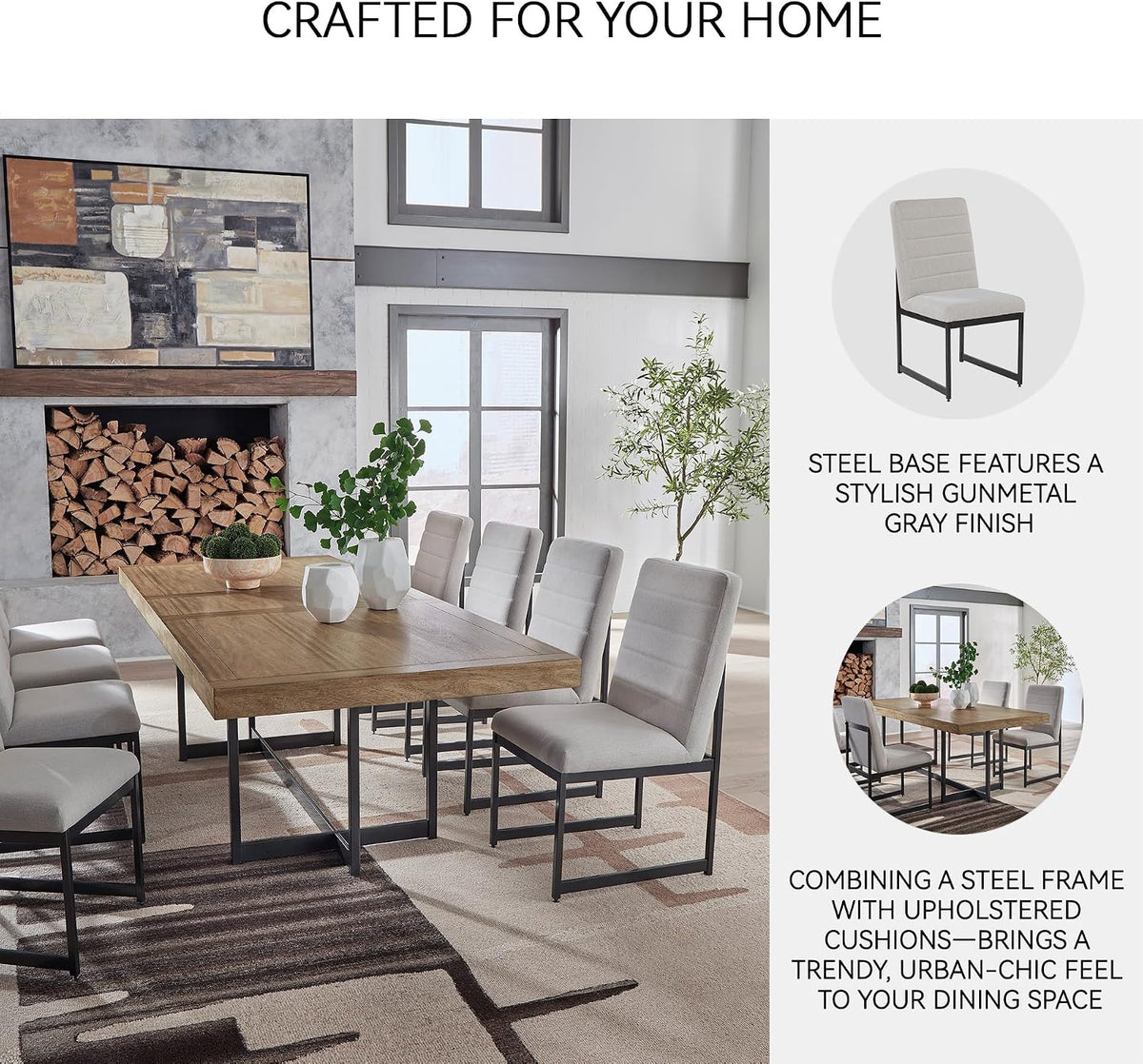 Signature Design by Ashley Tomtyn Dining Chair, Set of 2, Cushioned Polyester Side Chairs with Sturdy Metal Frame, Modern Urban Style for Kitchen or Dining Room, Light Beige & Gunmetal Gray