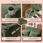 VINGLI Green Futon Sofa Bed Convertible Loveseat Sleeper Sofa Couch, Corduroy Pullout Sofa Fold Out Couch Bed with USB Ports, Cup Holders, Armrest for Living Room, Bedroom Apartment Room