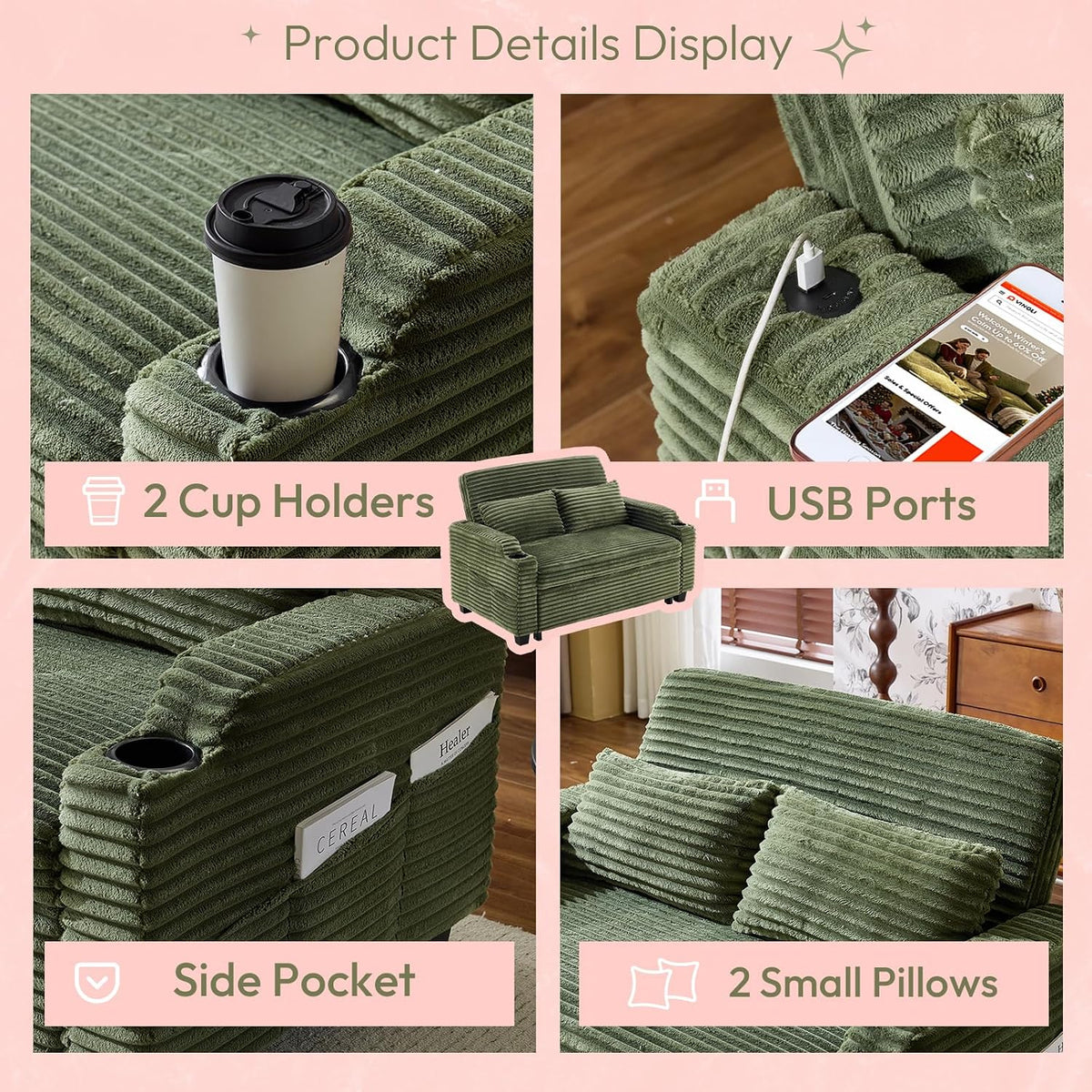VINGLI Green Futon Sofa Bed Convertible Loveseat Sleeper Sofa Couch, Corduroy Pullout Sofa Fold Out Couch Bed with USB Ports, Cup Holders, Armrest for Living Room, Bedroom Apartment Room