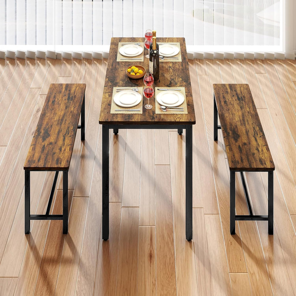 Rovibek 43" Dining Table Set for 4, Modern Space Saving Kitchen Breakfast Table with Benches & Adjustable Feet, Wooden Industrial Style Farmhouse, Wood Tone