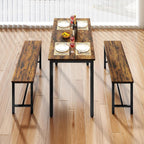 Rovibek 43" Dining Table Set for 4, Modern Space Saving Kitchen Breakfast Table with Benches & Adjustable Feet, Wooden Industrial Style Farmhouse, Wood Tone