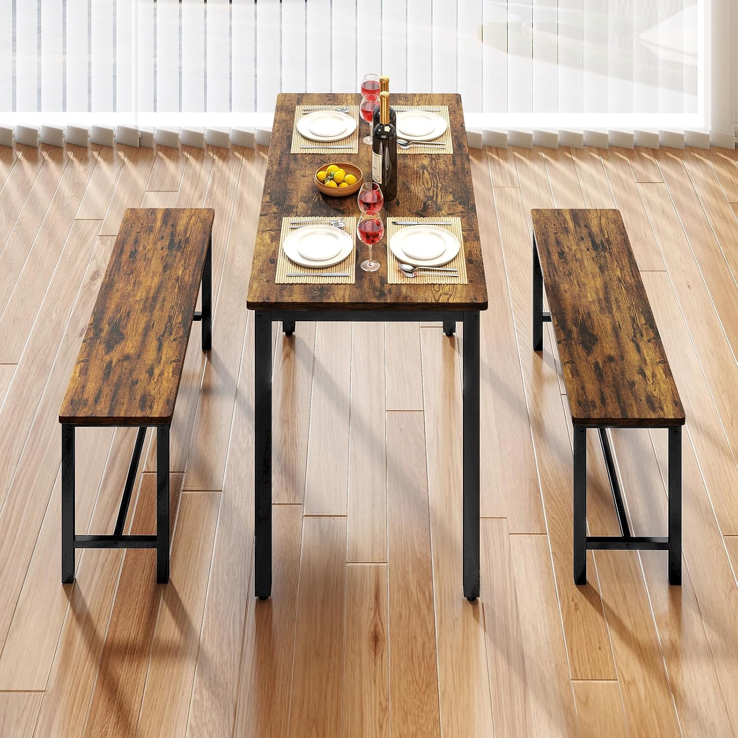 Rovibek 43" Dining Table Set for 4, Modern Space Saving Kitchen Breakfast Table with Benches & Adjustable Feet, Wooden Industrial Style Farmhouse, Wood Tone