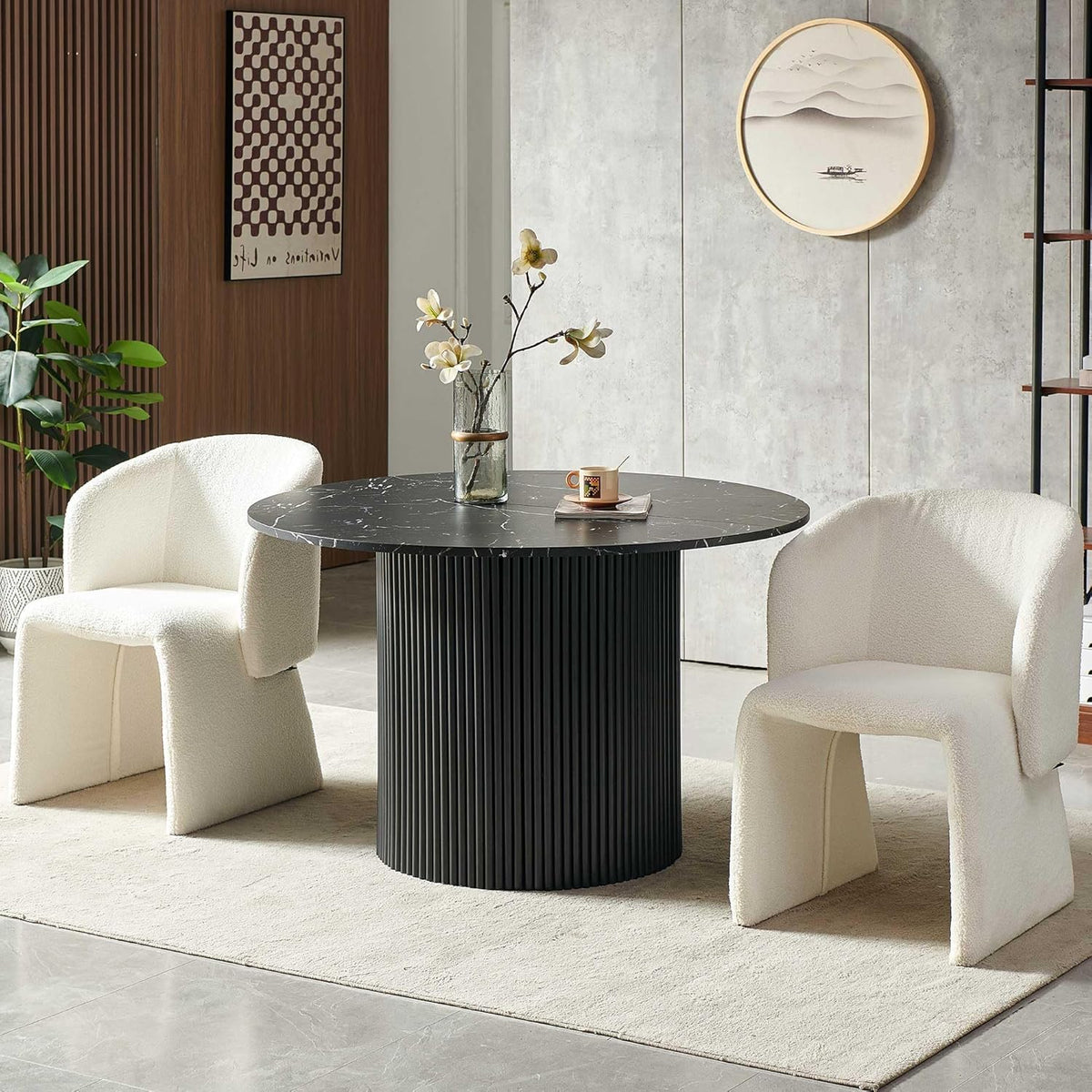47" Round Dining Table for 4, Modern Farmhouse Marble-Look Foiled Top with MDF Striped Base, Kitchen & Dining Room Tables - Black