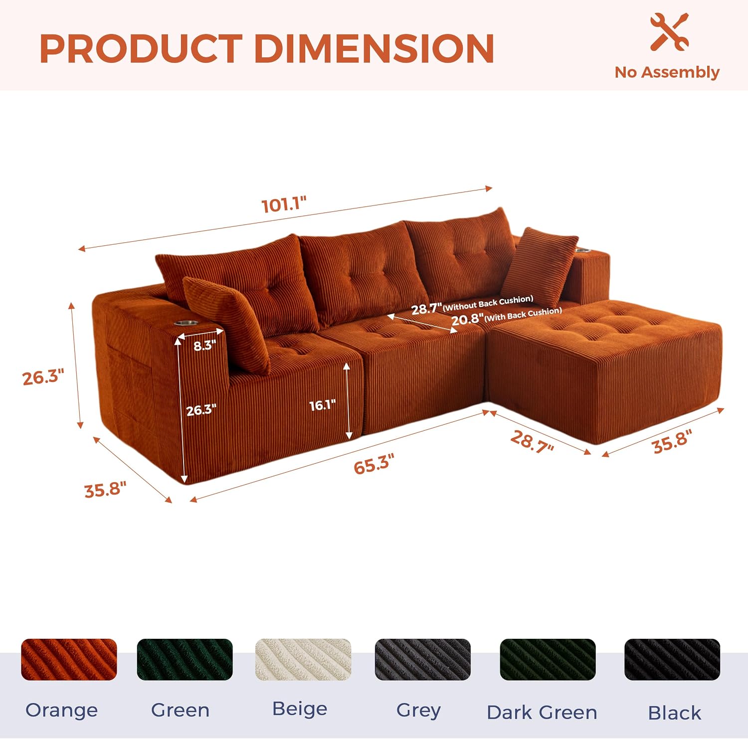 MAXYOYO Couch, L-Shaped Modular Cloud Couch, 4-Seat Sofa, Ottoman | Orange Tufted Sofa in a Box Includes One Ottoman, No Assembly, Offering Flexible 4-Seat Comfort for Modern Living Rooms