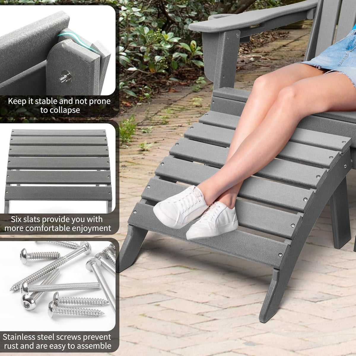 Folding Adirondack Ottoman Set of 2, Outdoor Foot Rest, Patio Footstool | Portable, HDPE All Weather, Easy Storage, No Rot or Rust or Crack, Fade Shield, Save Space, Easy-Clean for Indoor or Outdoor