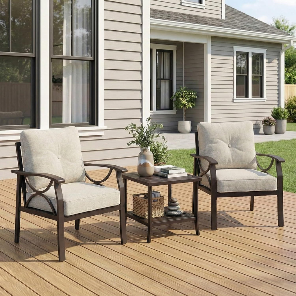 RoyalCraft Outdoor Patio Furniture Set, 3 Pieces Metal Patio Conversation Set with Side Table for Porch Garden Backyard, Beige