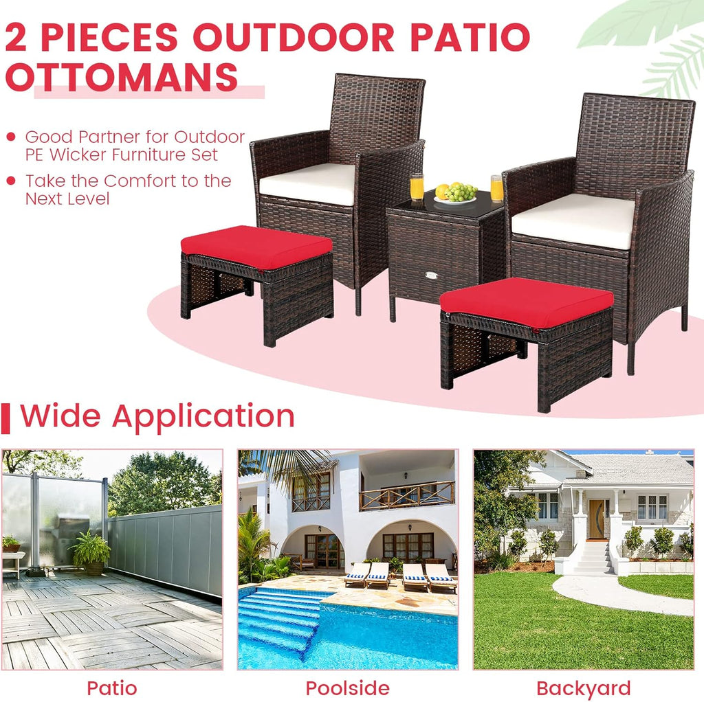 RELAX4LIFE 2-Piece Wicker Outdoor Ottoman, Rattan Footrest Set of 2 with Removable Cushions, 3-in-1 Foot Stool, Side Table & Additional Seating, Outdoor Footstools for Patio Backyard (Red)