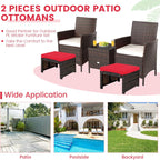 RELAX4LIFE 2-Piece Wicker Outdoor Ottoman, Rattan Footrest Set of 2 with Removable Cushions, 3-in-1 Foot Stool, Side Table & Additional Seating, Outdoor Footstools for Patio Backyard (Red)