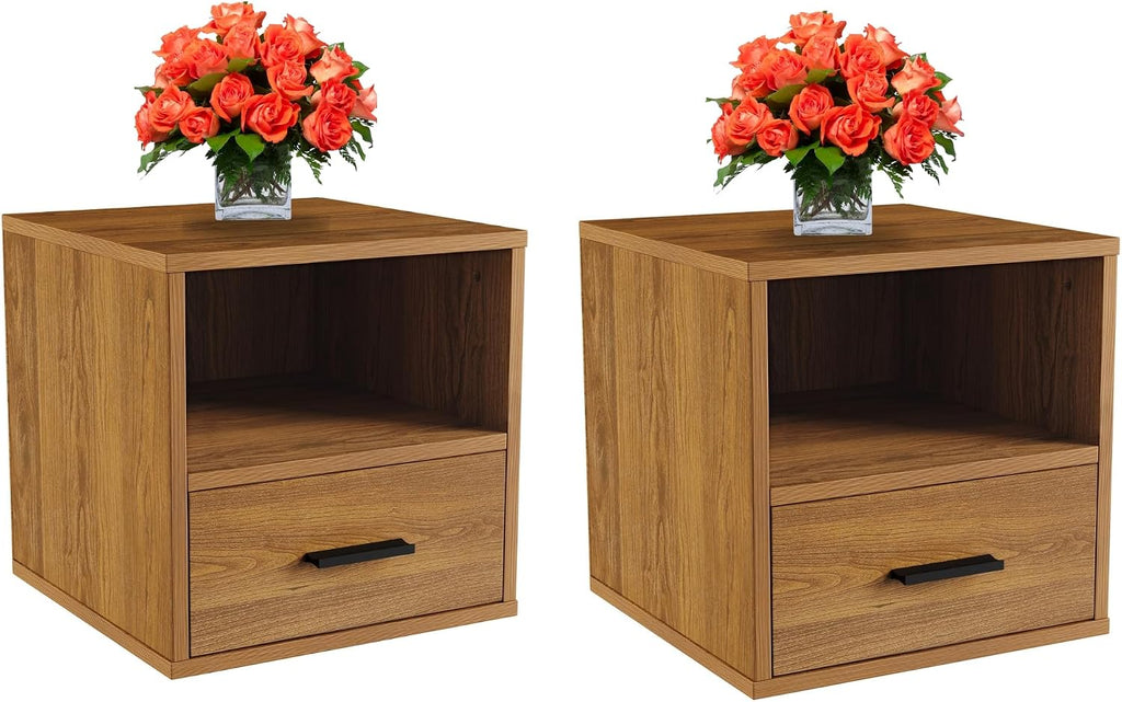 Lavish Home Side Table with Storage - Set of 2 Minimalist Modern Nightstand or End Table with Drawer - Stackable Modular Accent Furniture for Bedroom, Living Room, or Office (Brown Woodgrain)