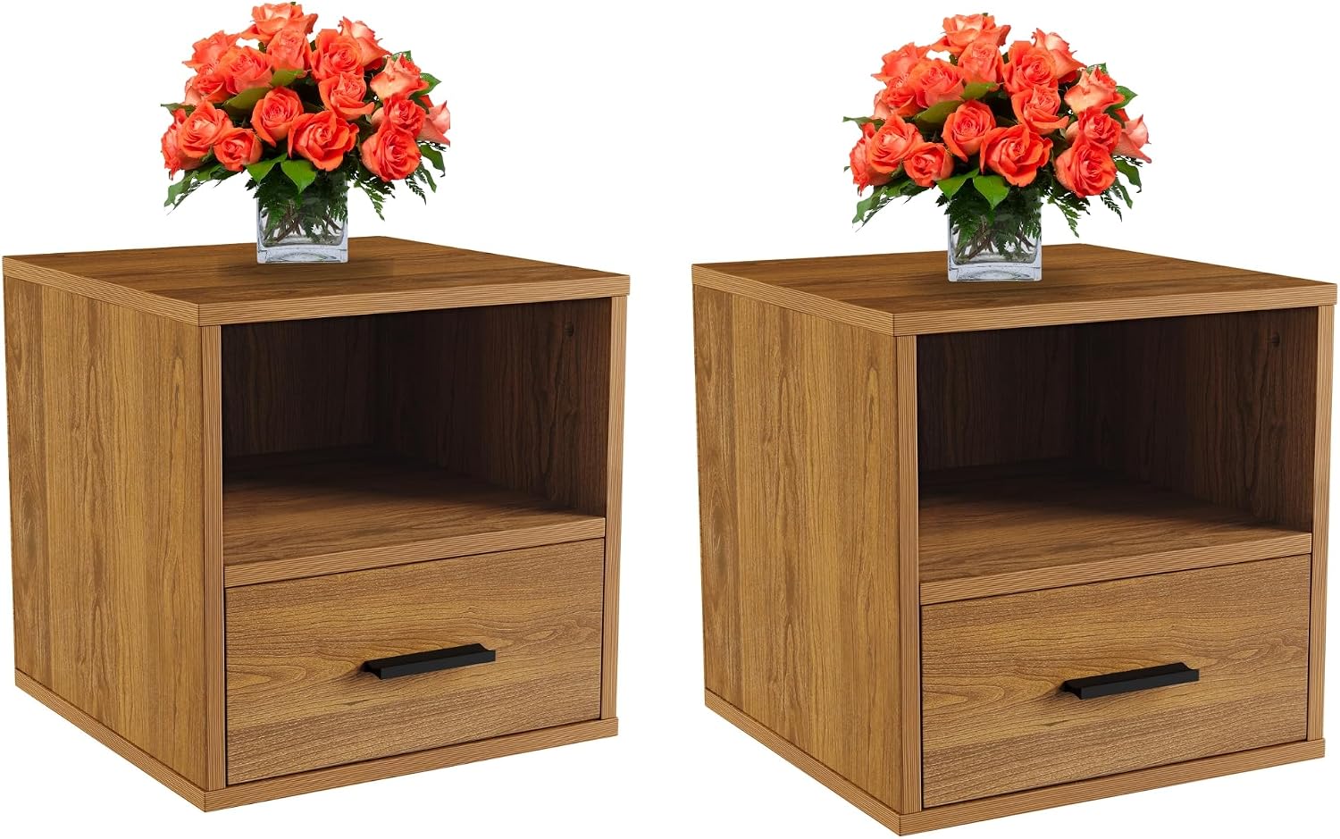 Lavish Home Side Table with Storage - Set of 2 Minimalist Modern Nightstand or End Table with Drawer - Stackable Modular Accent Furniture for Bedroom, Living Room, or Office (Brown Woodgrain)