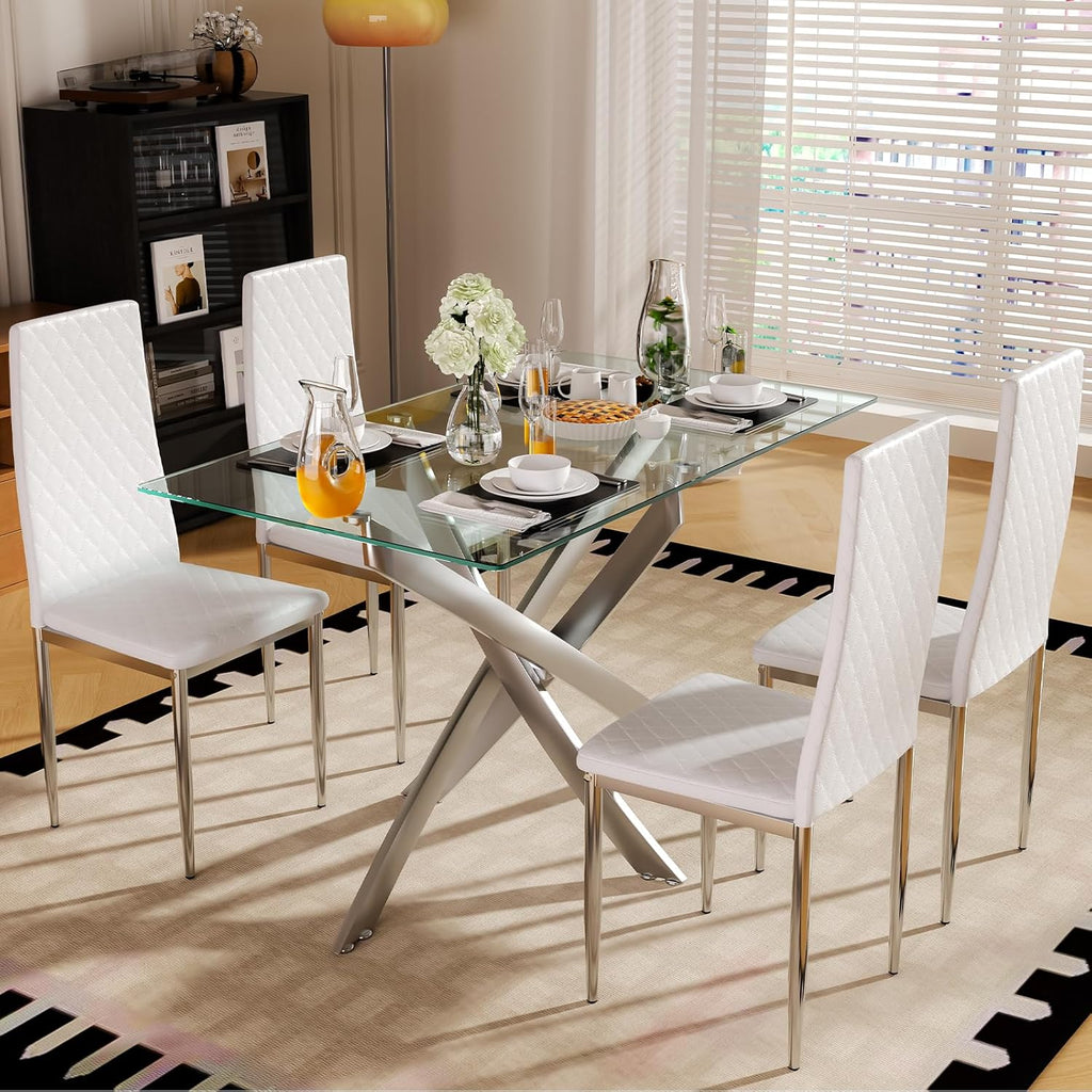 47.24 Inch Glass Dining Table, Rectangular Kitchen Glass Table for 4 People, Modern Dining Room Table for Dinner Kitchen Dining Room(Silver)