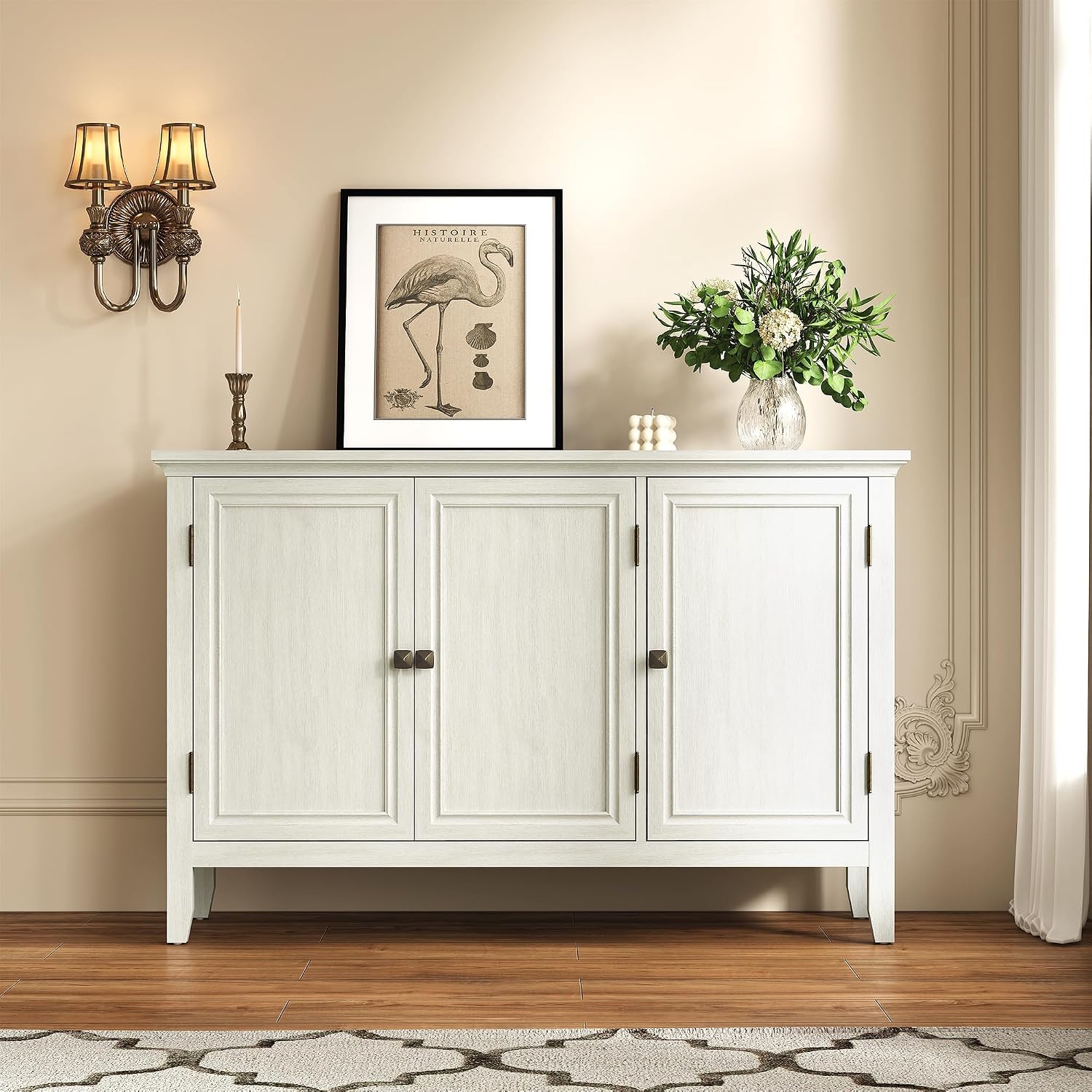 RoyalCraft Buffet Cabinet with Storage, Mid Century Modern Sideboard with 3 Doors, Wood Credenza Coffee Bar Cabinet, Console Table for Dining Room, Living Room, Kitchen, Hallway, Grayish-White