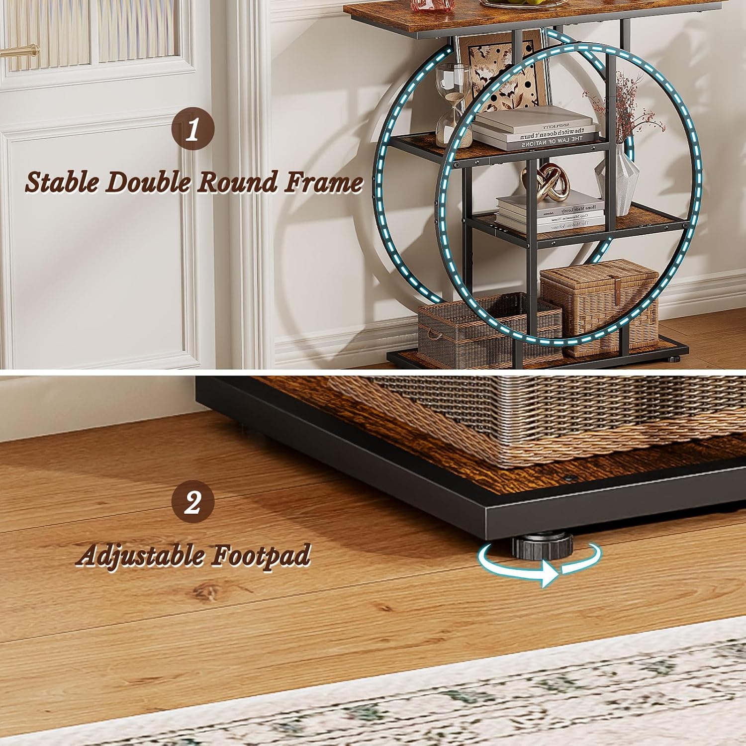 Cottage Charm Entryway Console Table, 31.5" Sofa Table Behind Couch with Curved Metal Frame and Wood Shelves, Decorative Console Table for Living Room, Hallway, Foyer, Rustic Brown
