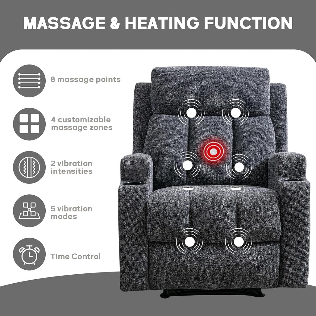 CANMOV Manual Recliner Chair with Massage and Heat, Soft Fabric Recliner Chair with Overstuffed Arm and Back, Manual Reclining Single Sofa with 2 Cup Holders, Side Pocket for Living Room, Dark Grey