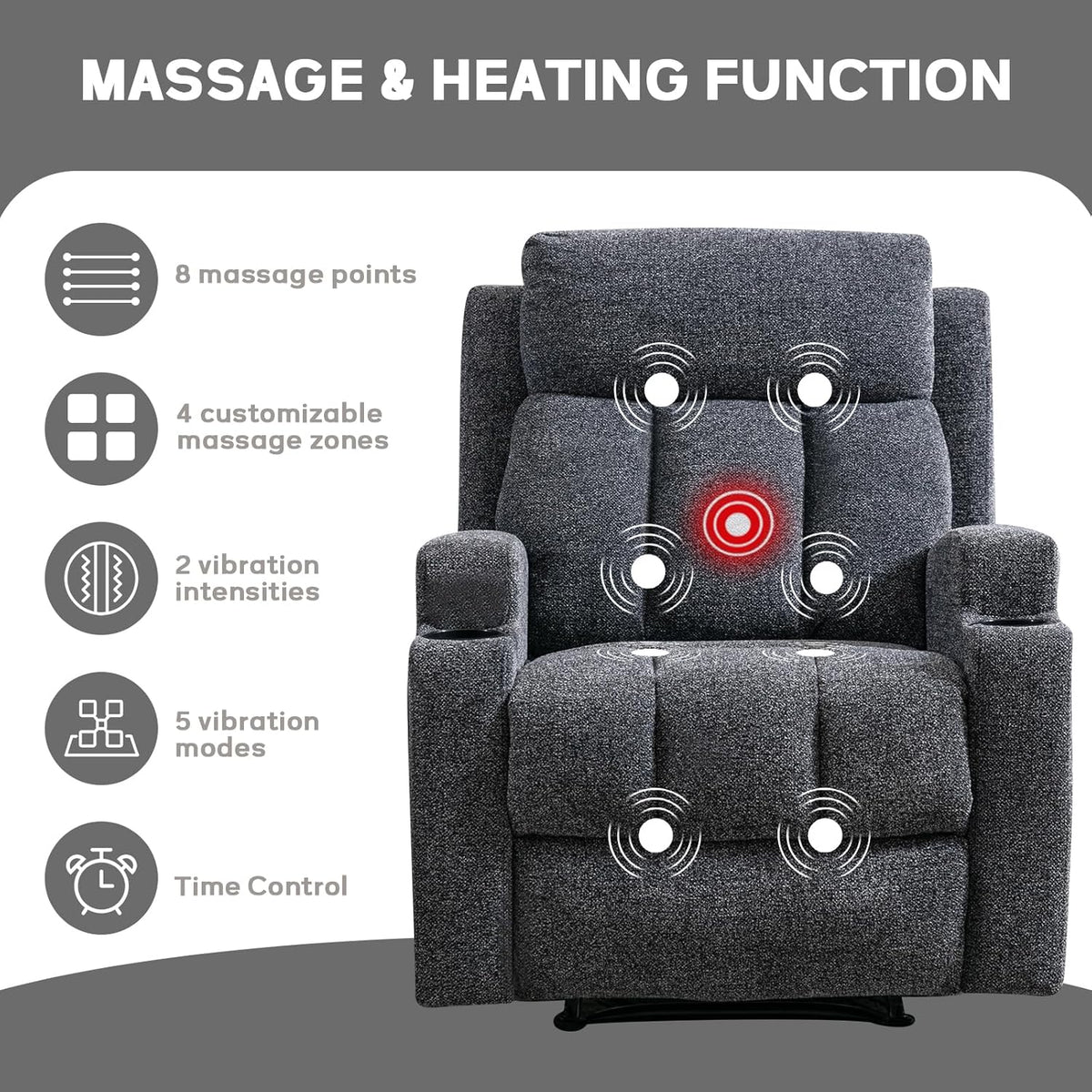 CANMOV Manual Recliner Chair with Massage and Heat, Soft Fabric Recliner Chair with Overstuffed Arm and Back, Manual Reclining Single Sofa with 2 Cup Holders, Side Pocket for Living Room, Dark Grey