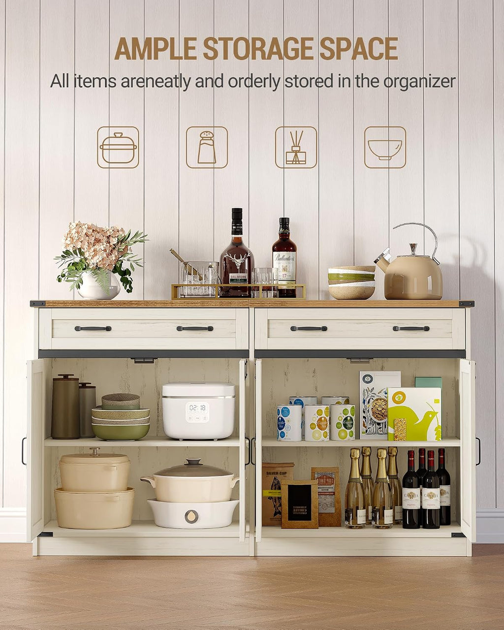 Hzuaneri Kitchen Storage Cabinet, Buffet Cabinet with Storage, Modern Farmhouse Sideboard Cabinets with Drawer, 55.1" Coffee Bar Cabinets with Doors & Adjustable Shelves, for Kitchen, White Brown