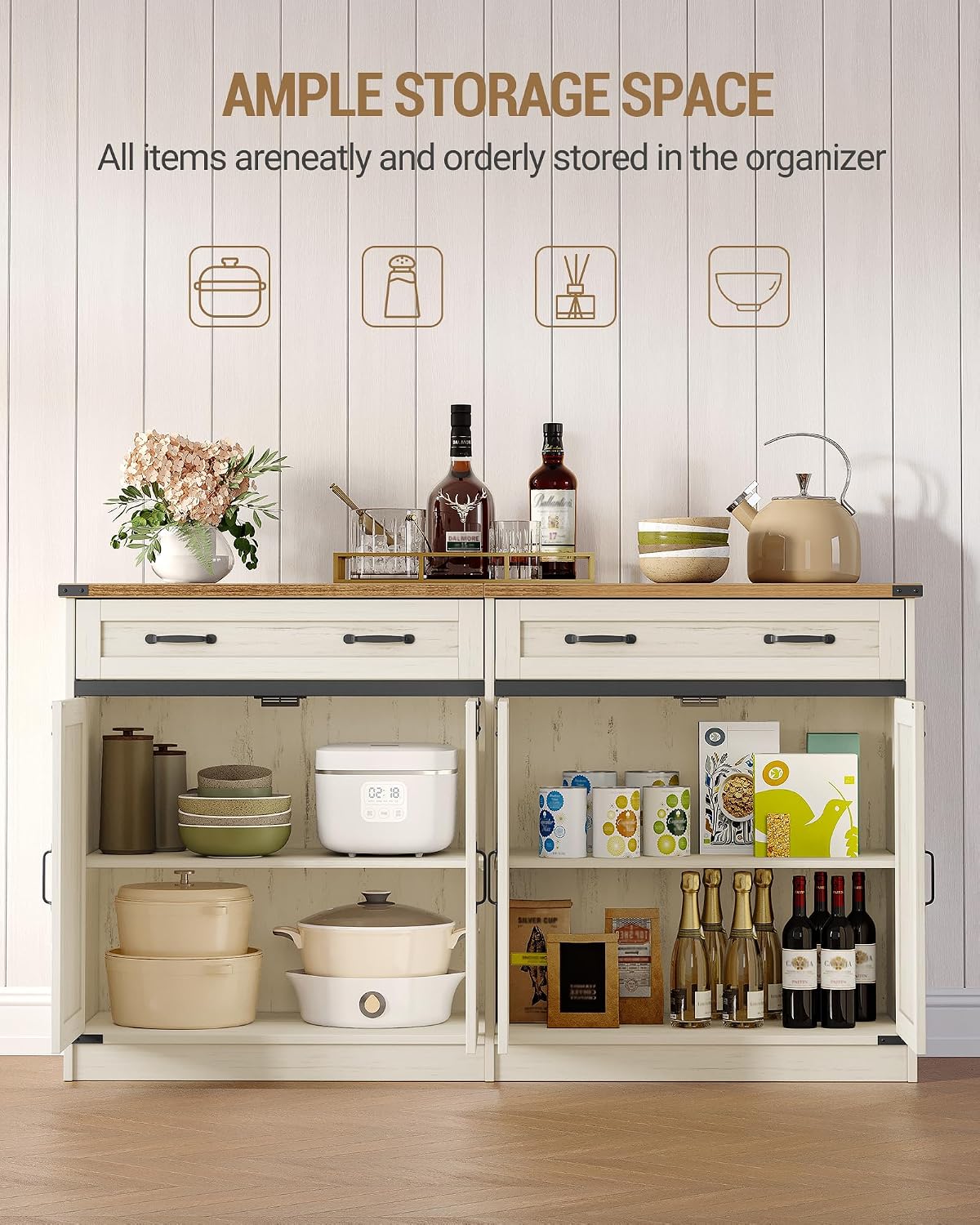 Hzuaneri Kitchen Storage Cabinet, Buffet Cabinet with Storage, Modern Farmhouse Sideboard Cabinets with Drawer, 55.1" Coffee Bar Cabinets with Doors & Adjustable Shelves, for Kitchen, White Brown