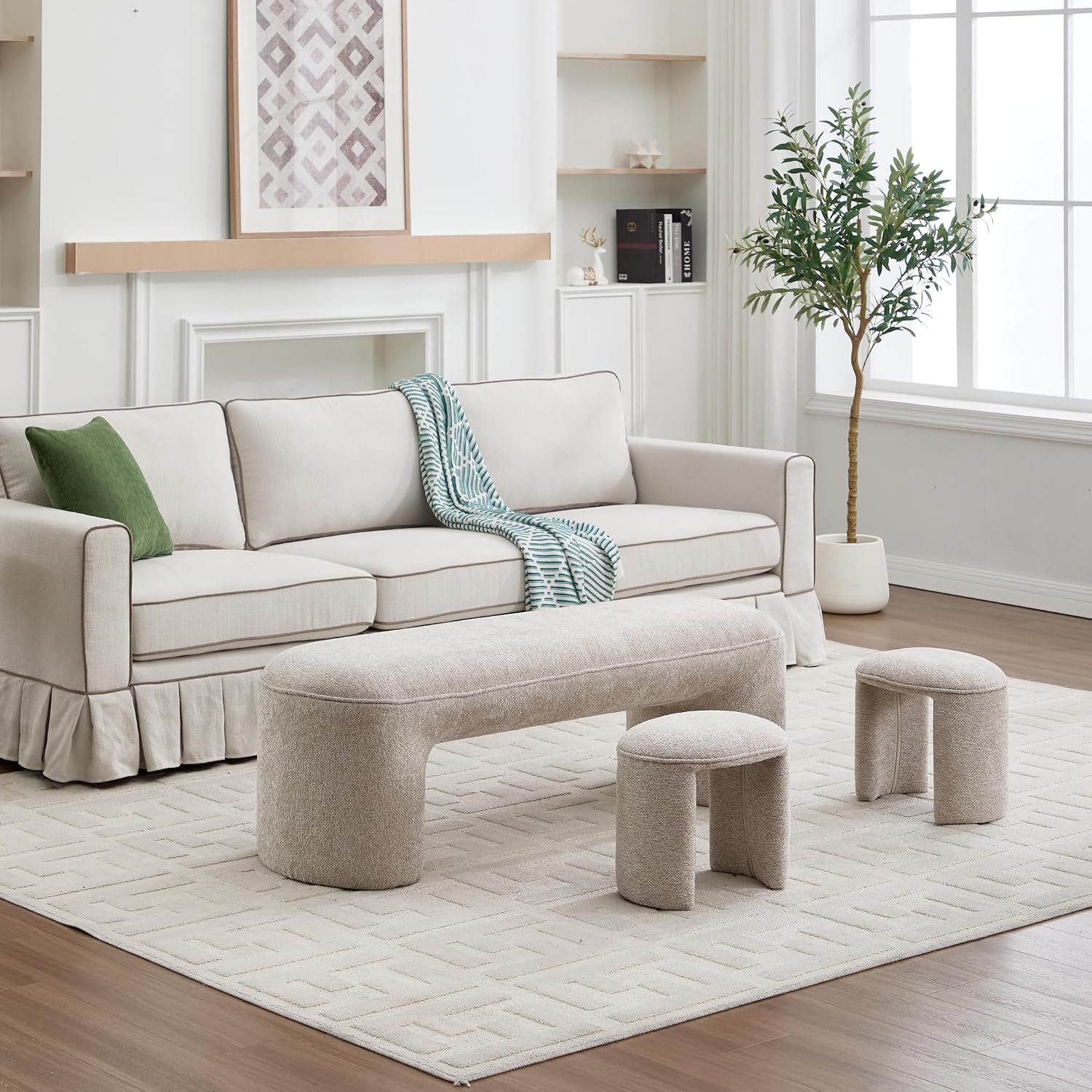 Hyfirm 3-Pieces Modern Upholstered Ottoman Waterfall Bench for Bedroom End of Bed, 53" Chenille Entryway Bench Sets, Comfy Indoor Narrow Window Bench Bed Stool Living Room Bedroom, Oatmeal