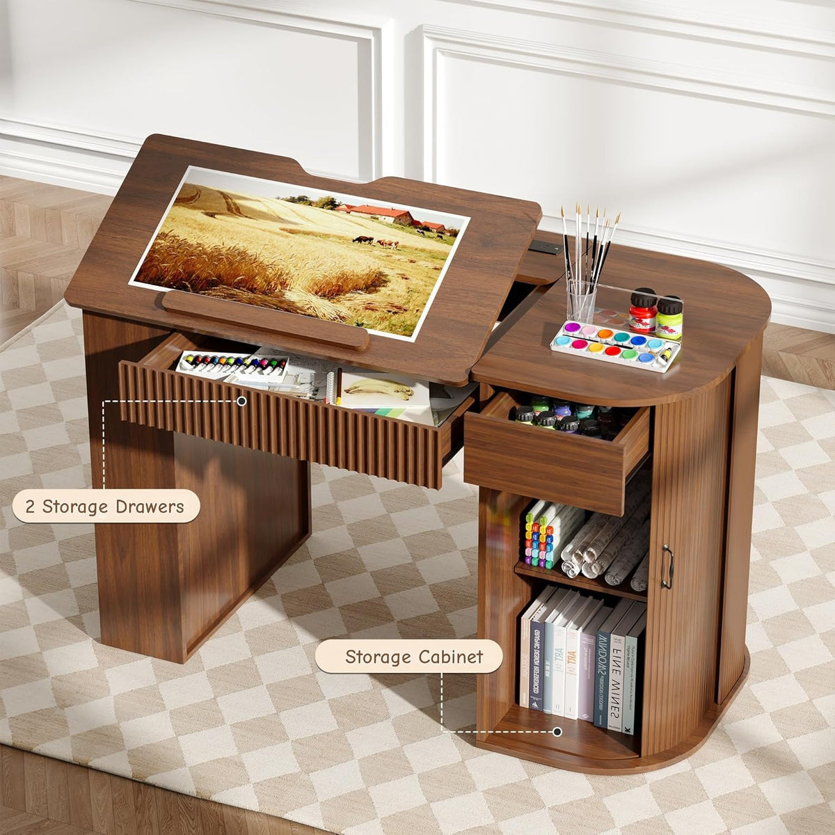 Drafting Table with Storage Cabinet & Drawers, Crafting Table with Open Shelves, Fluted Drawing Desk Computer Desk for Artists, Painters, Drawing, Crafting, Reading, Writing, Working