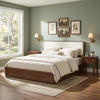 Merax Walnut Queen Size Platform Bed Frame, Modern Minimalist Wood Bed Frame with Plush Boucle Upholstered Headboard, Low Profile Modern Bed, Wood Slat Support, No Box Spring Needed