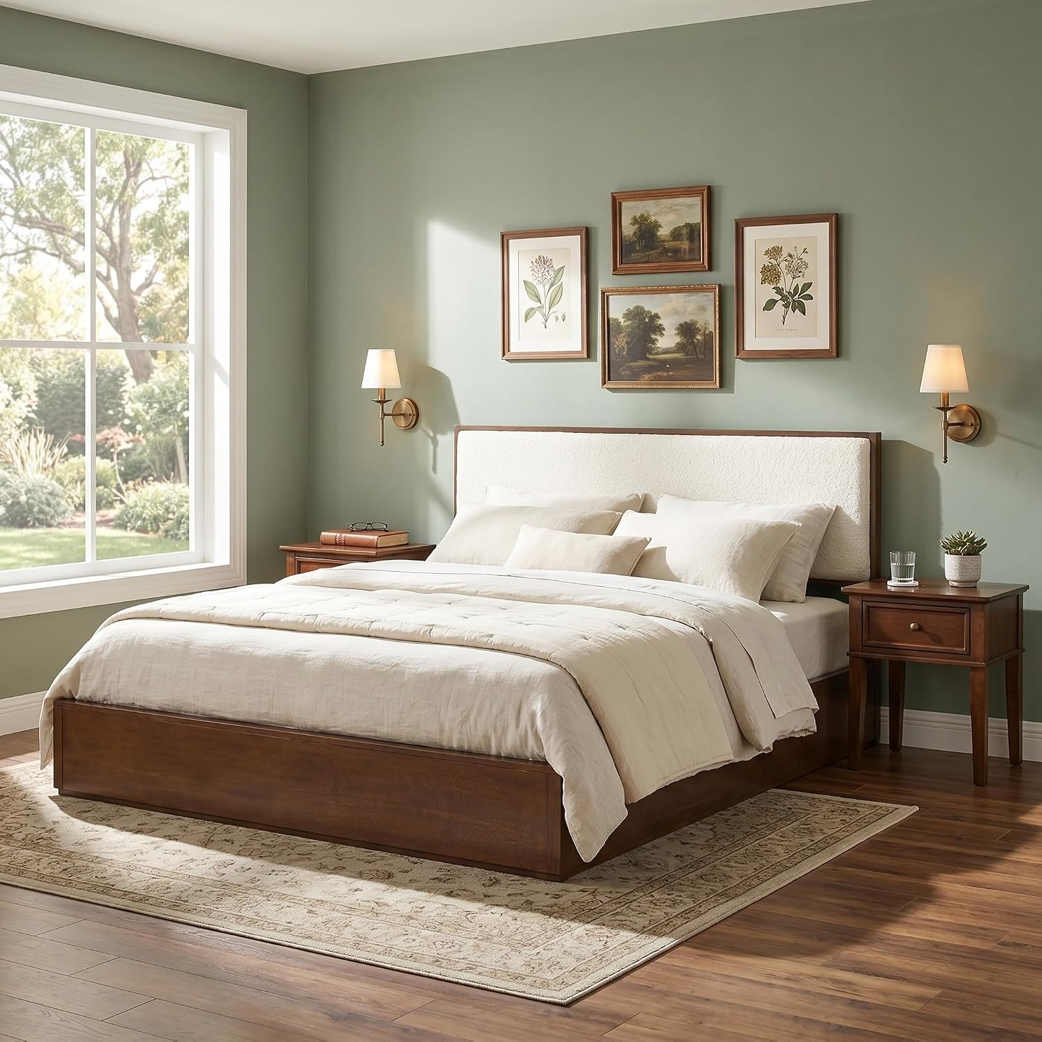 Merax Walnut Queen Size Platform Bed Frame, Modern Minimalist Wood Bed Frame with Plush Boucle Upholstered Headboard, Low Profile Modern Bed, Wood Slat Support, No Box Spring Needed